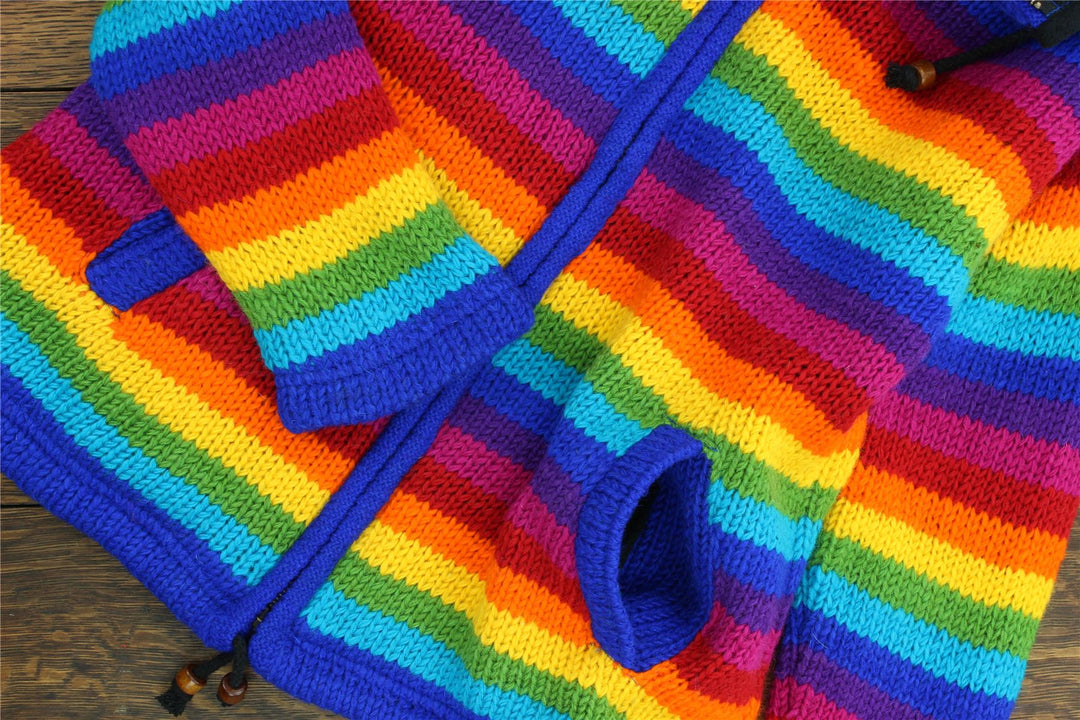 Hand Knitted Wool Hooded Jacket Cardigan Ladies Cut - Stripe Bright Rainbow