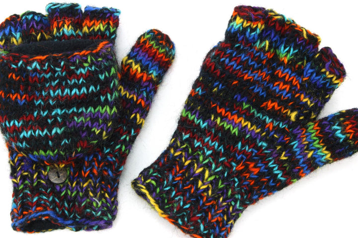 Hand Knitted Wool Shooter Gloves - SD Black Rainbow