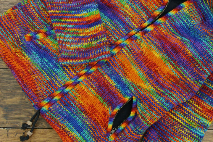 Hand Knitted Wool Hooded Jacket Cardigan - SD Rainbow with Rainbow Trim