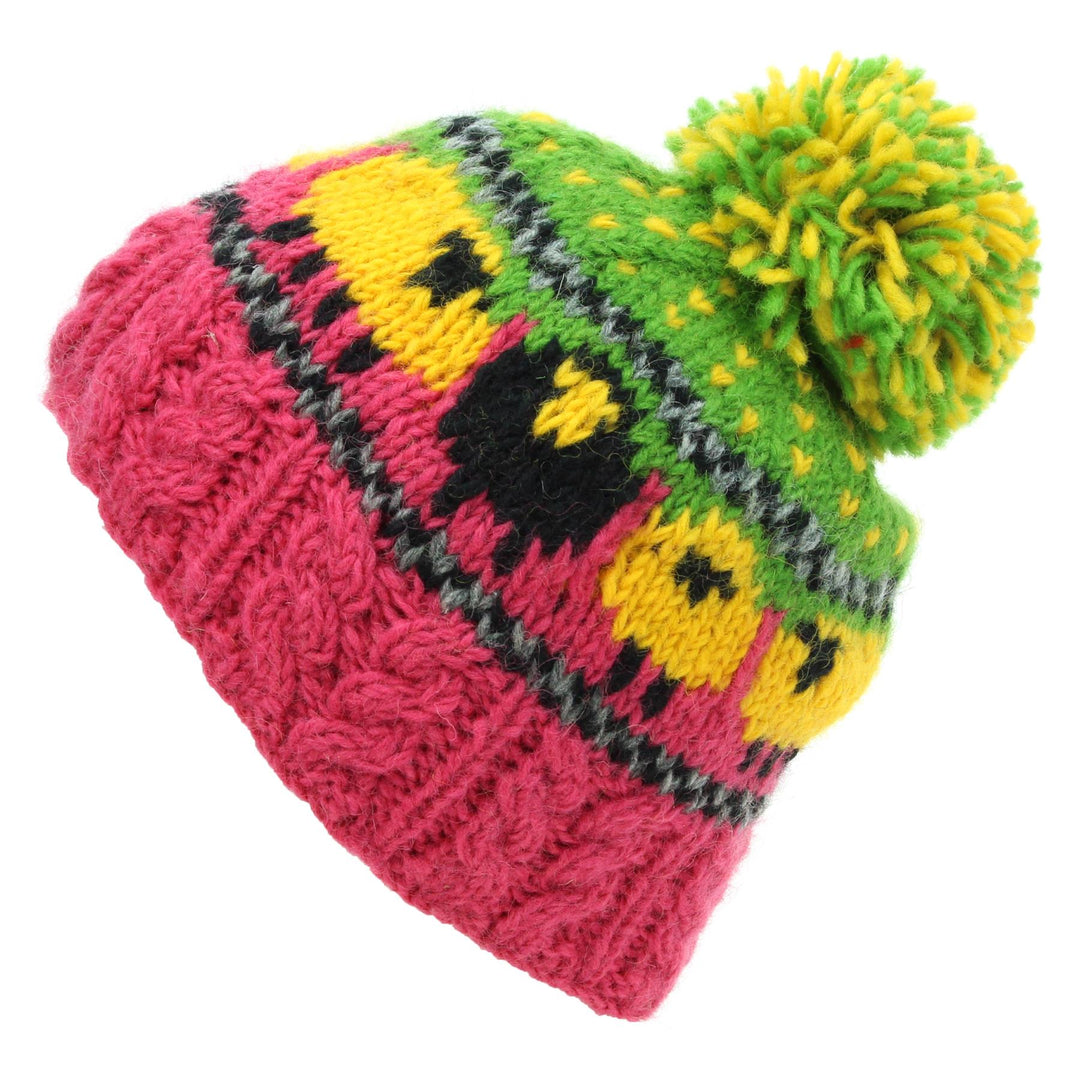 Wool Knit Bobble Beanie Hat - Sheep - Pink Green Yellow