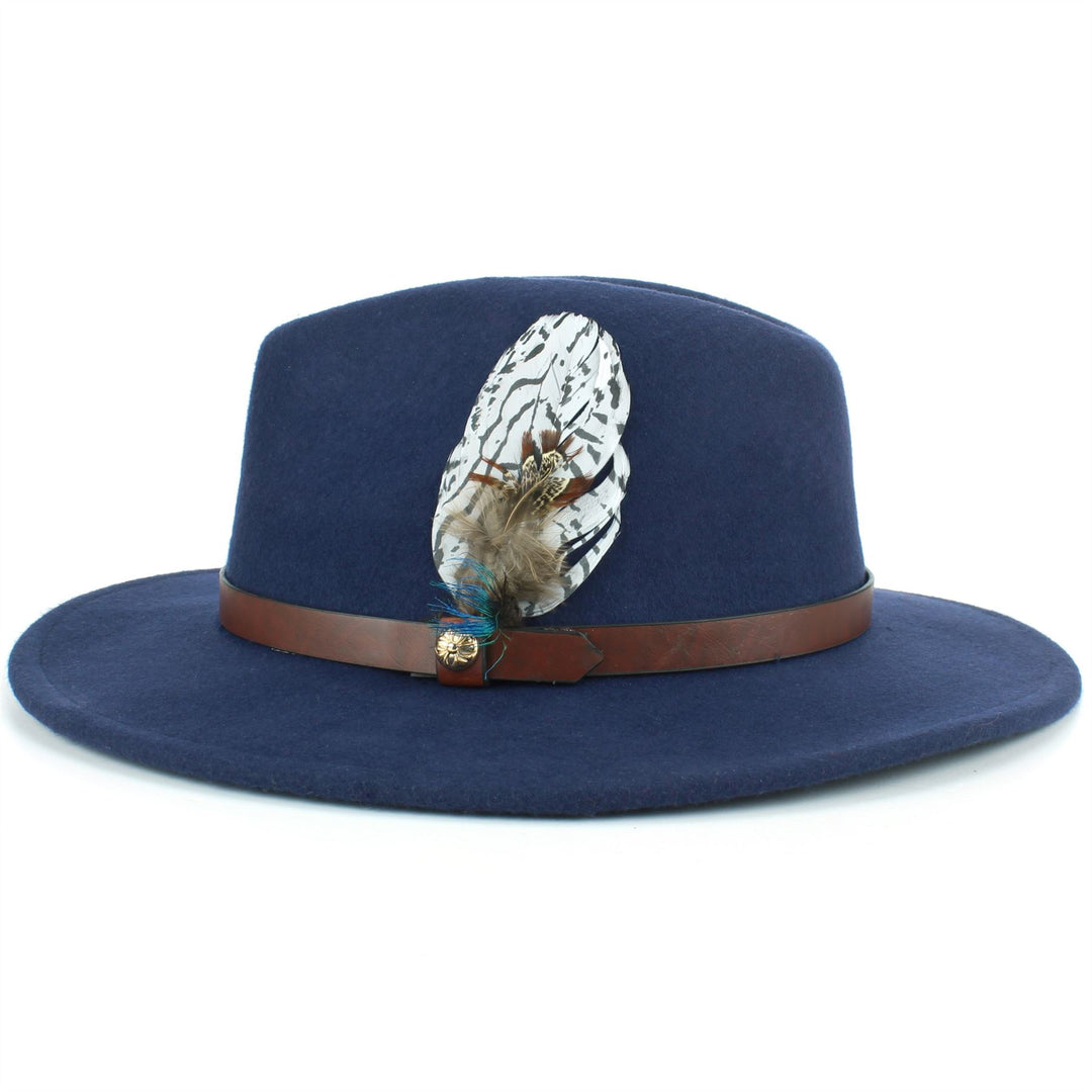 Wool Felt Fedora with Feather - Navy