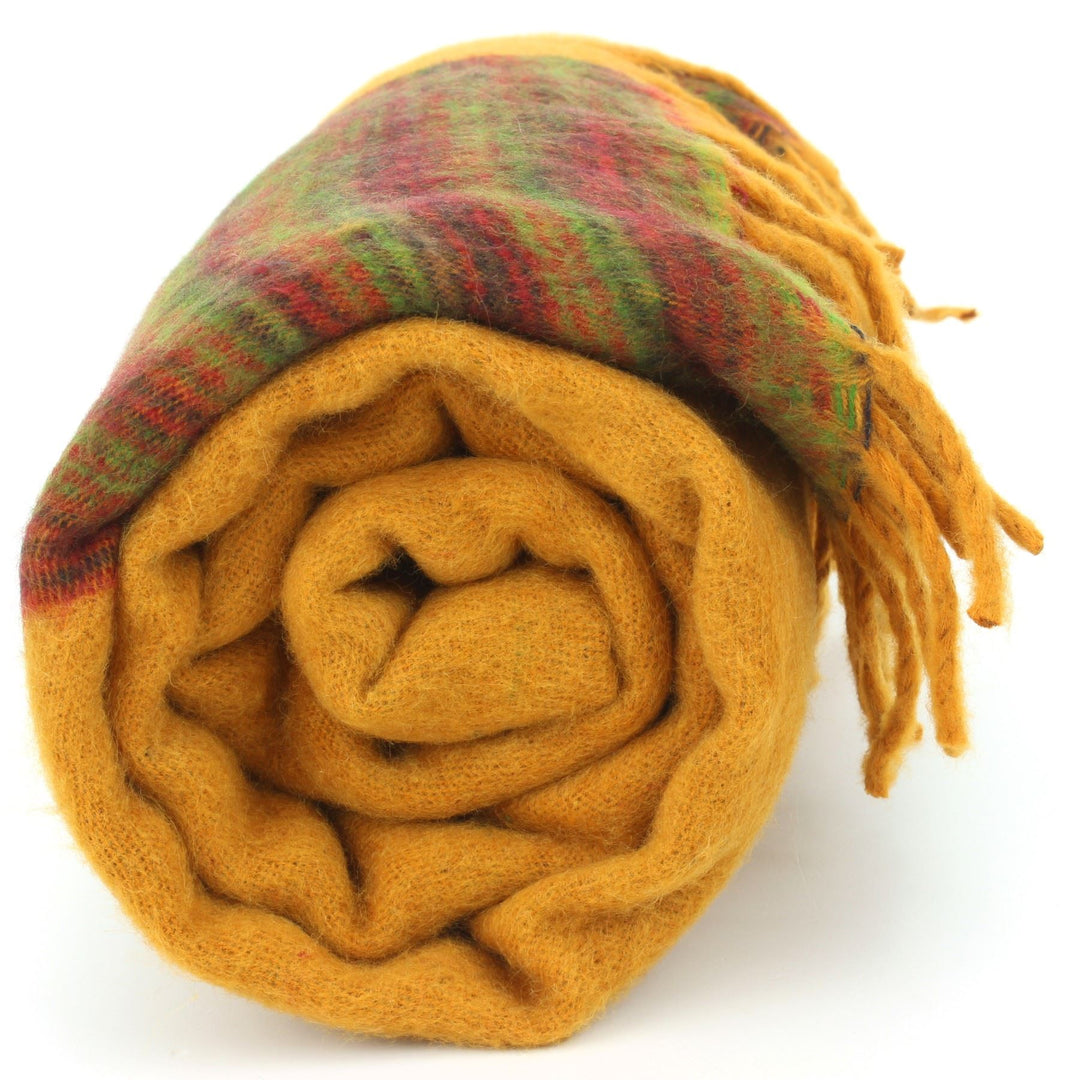 Tibetan Wool Blend Shawl Blanket - Mustard with Green & Red Reverse