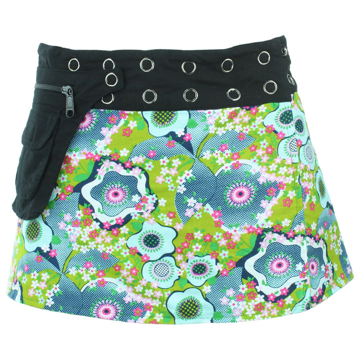 Reversible Popper Wrap Children's Size Mini Skirt - Green Patch Strips / Floral Oyster