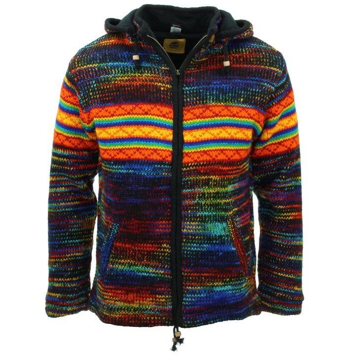 Hand Knitted Wool Hooded Jacket Cardigan - SD Black Rainbow Orange