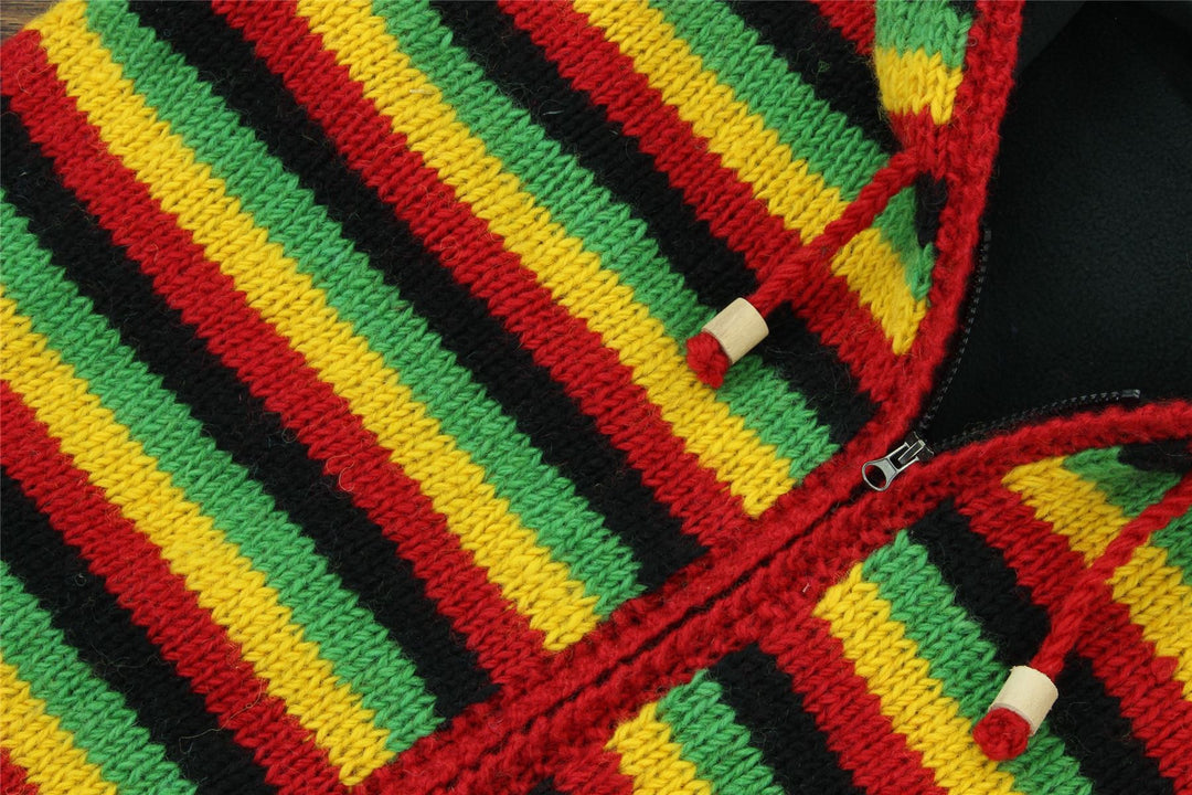 Hand Knitted Wool Hooded Jacket Cardigan - Stripe Rasta