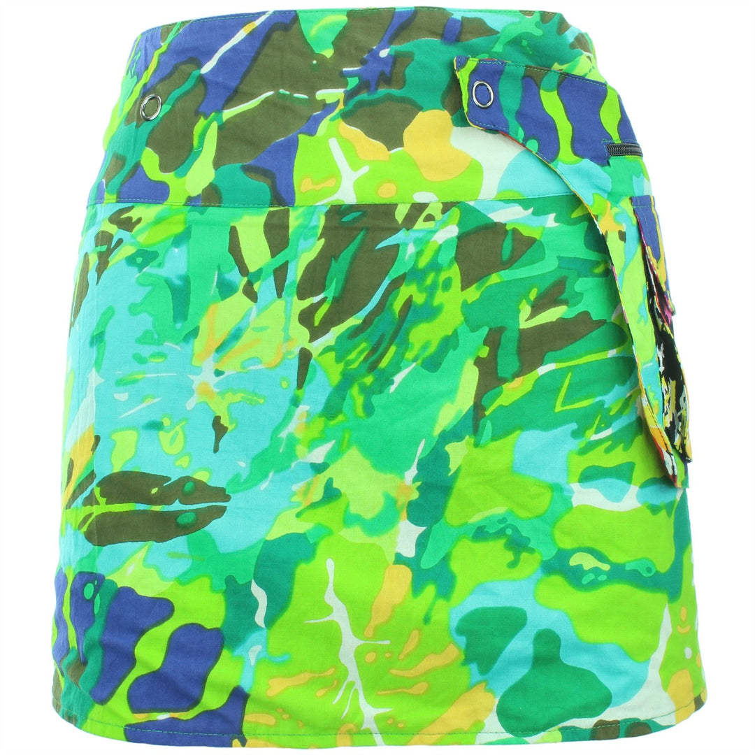 Reversible Popper Wrap Mini Skirt - Psychedelic Snakeskin / Camo Leaf