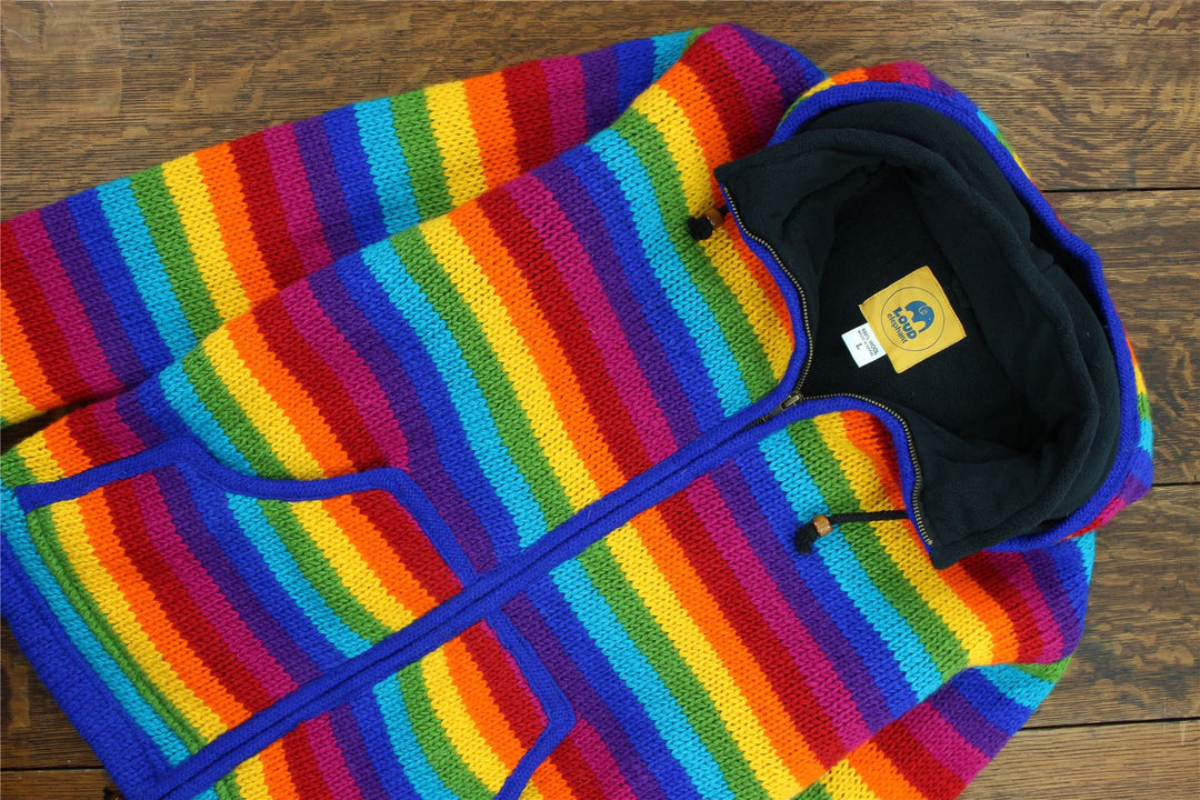 Hand Knitted Wool Hooded Jacket Cardigan - Stripe Bright Rainbow