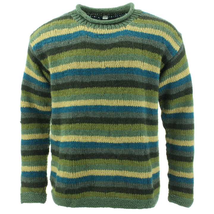 Chunky Wool Knit Jumper - Stripe Green Blue