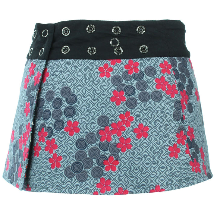 Reversible Popper Wrap Children's Size Mini Skirt - Grey Patch Strips / Spiral Garden