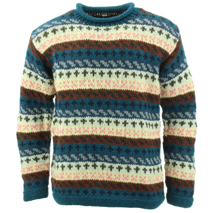 Chunky Wool Knit Jumper - Stripe Navy Pink Pattern