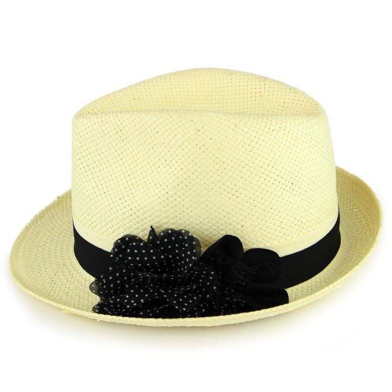 Straw paper trilby hat with a polka dot flower corsage - Black