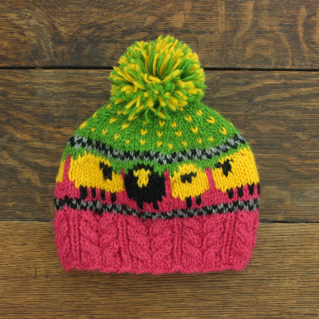 Wool Knit Bobble Beanie Hat - Sheep - Pink Green Yellow