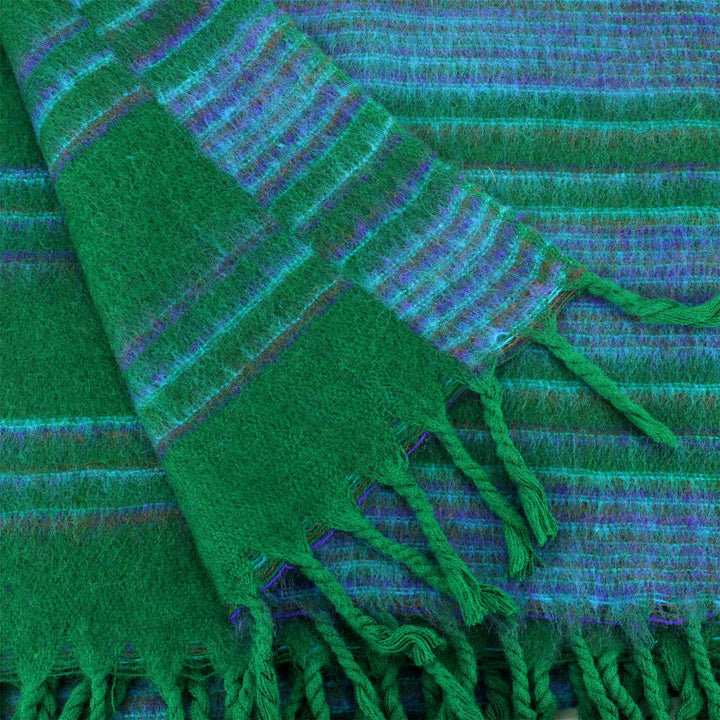 Vegan Wool Shawl Blanket - Stripe - Racing Green Blue