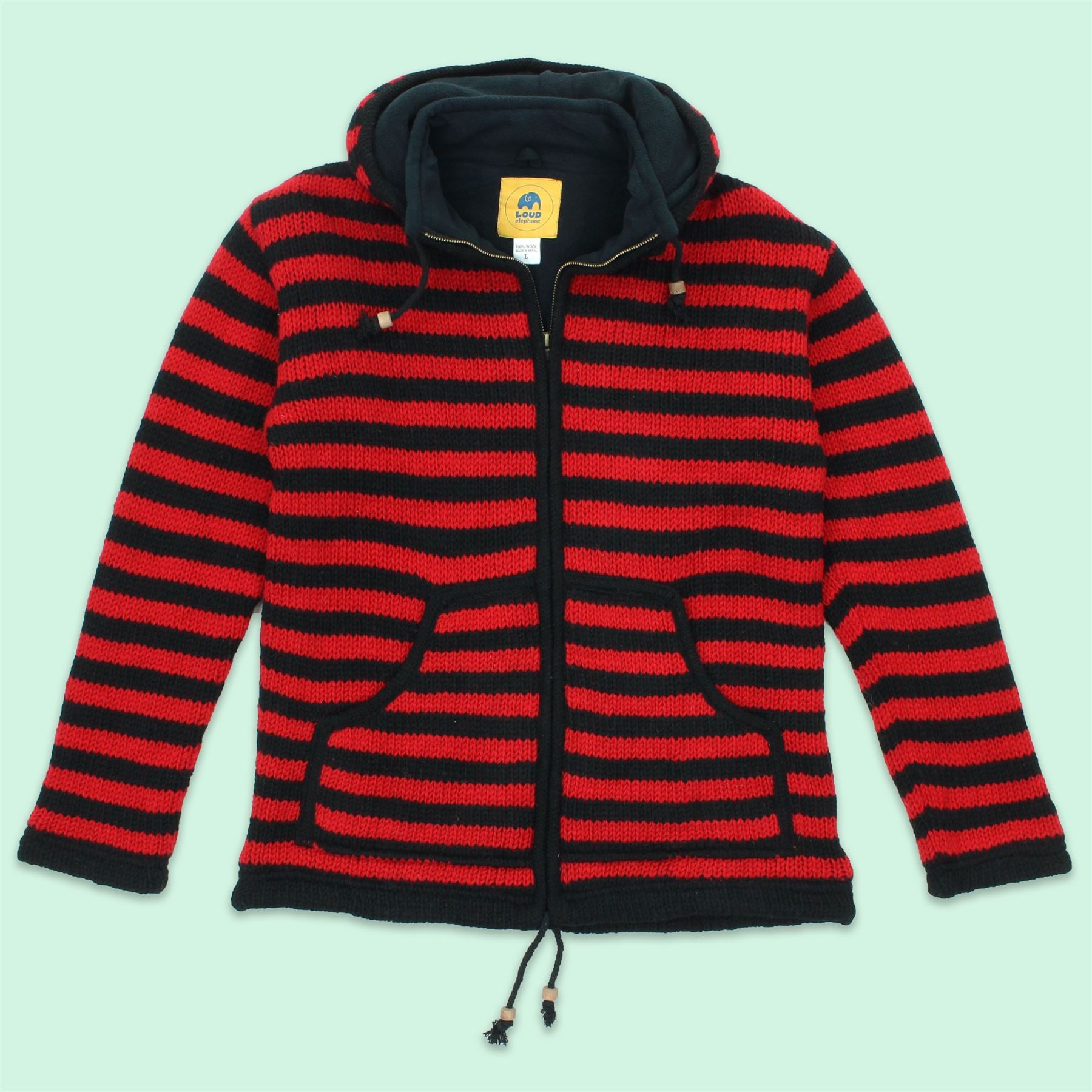 Hand Knitted Wool Hooded Jacket Cardigan Stripe Red Black LoudElephant