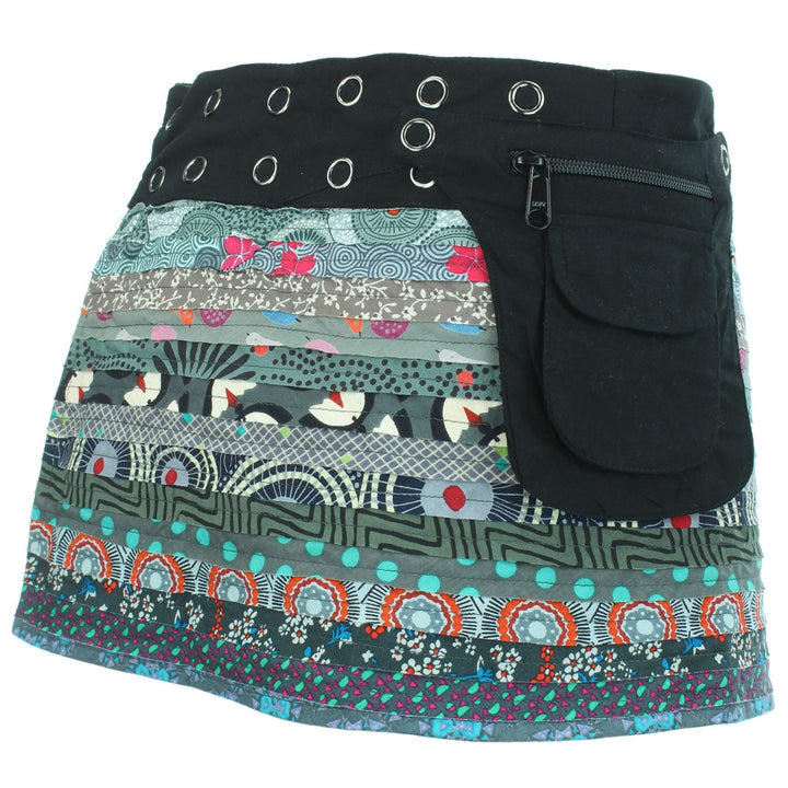 Reversible Popper Wrap Children's Size Mini Skirt - Grey Patch Strips / Spiral Garden