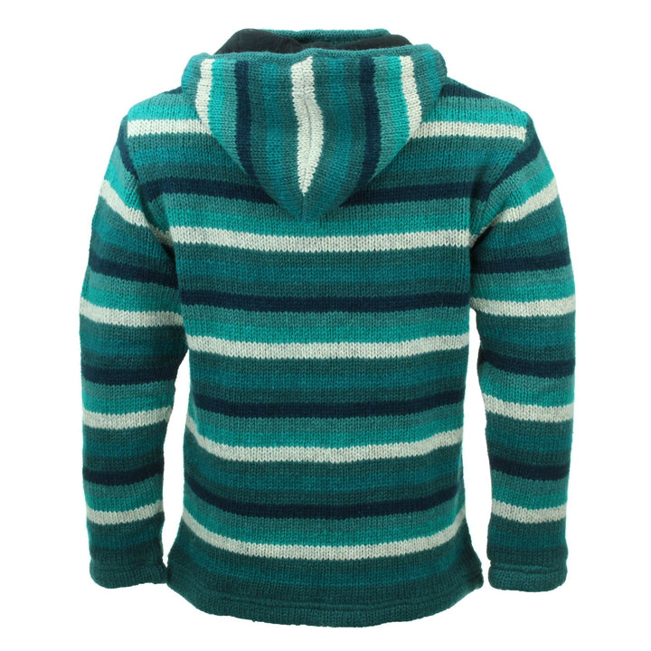 Hand Knitted Wool Hooded Jacket Cardigan - Stripe Teal