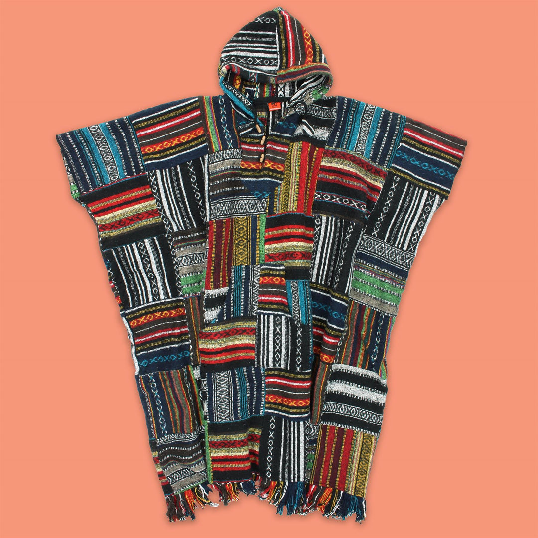 Brushed Cotton Long Hooded Poncho - Patchwork