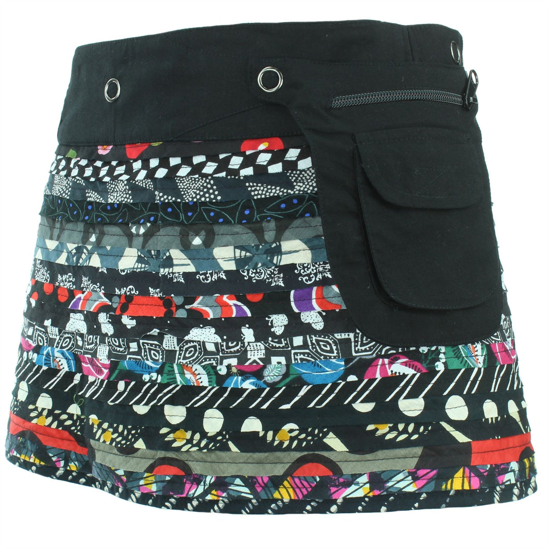 Reversible Popper Wrap Children's Size Mini Skirt - Black Patch Strips / Kaleidoscope