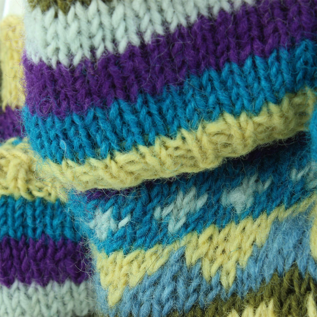 Chunky Wool Knit Fingerless Shooter Gloves - Chevron - Blue