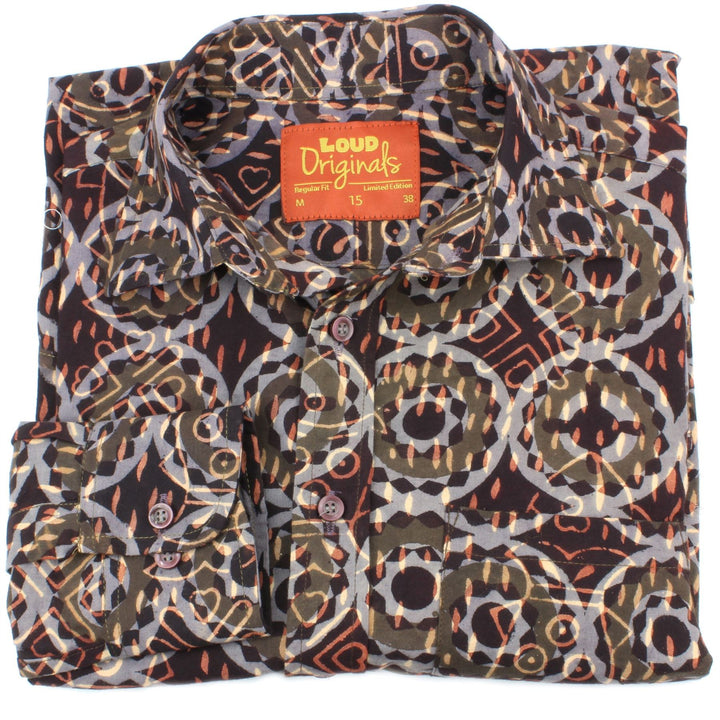 Regular Fit Long Sleeve Shirt - Black Orange & Grey Abstract