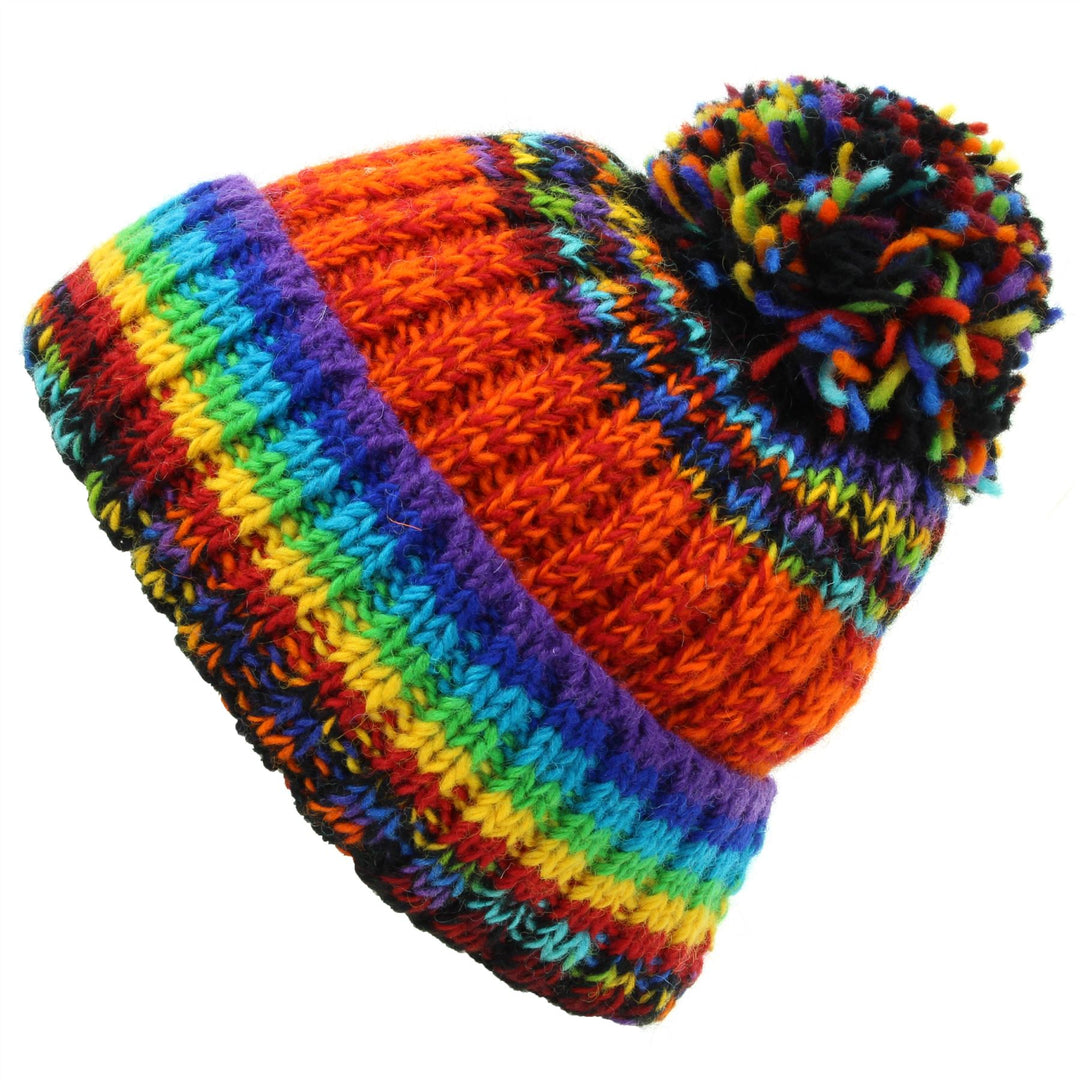 Hand Knitted Wool Beanie Bobble Hat - SD Black Rainbow Orange