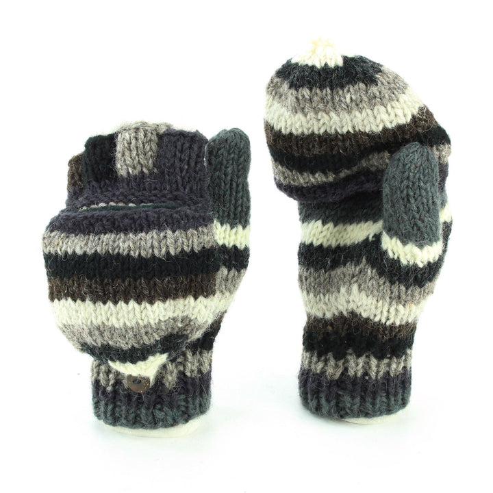 Hand Knitted Wool Shooter Gloves - Stripe Greys