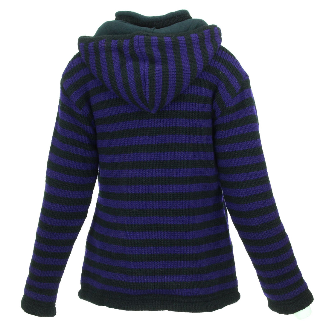 Hand Knitted Wool Hooded Jacket Cardigan Ladies Cut - Stripe Purple Black