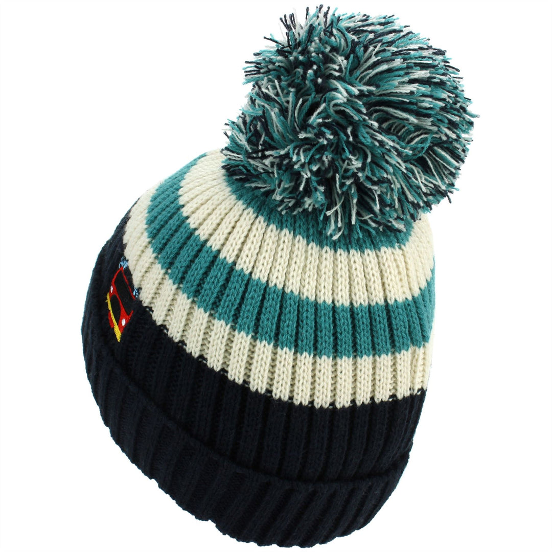 Kids Stripe Bobble Beanie Hat - Navy