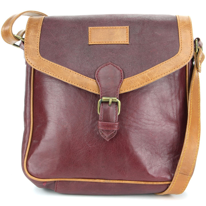 Real Leather Cross Body Messenger Shoulder Bag - Red & Brown