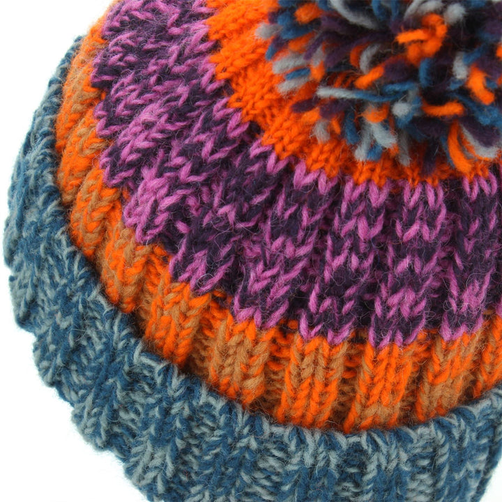 Wool Knit Bobble Beanie Hat - Orange Purple