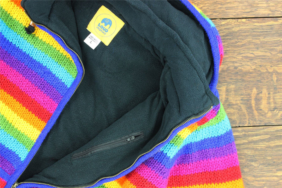 Hand Knitted Wool Hooded Jacket Cardigan - Stripe Bright Rainbow