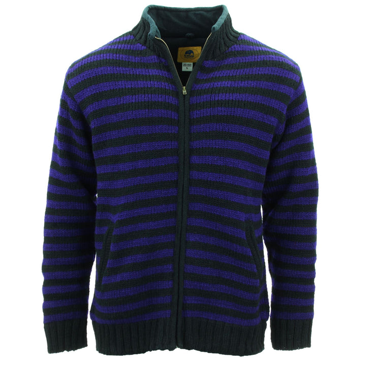 Hand Knitted Wool Jacket Cardigan - Stripe Purple Black