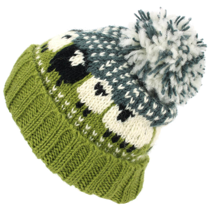 Wool Knit Bobble Beanie Hat - Sheep - Green