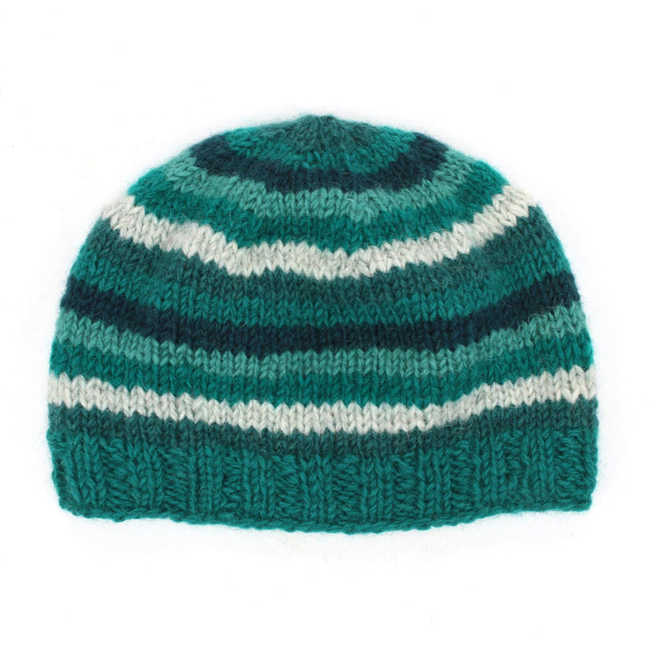 Hand Knitted Wool Beanie Hat - Stripe Teal