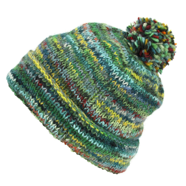 Chunky Wool Knit Beanie Bobble Hat - SD Green Mix