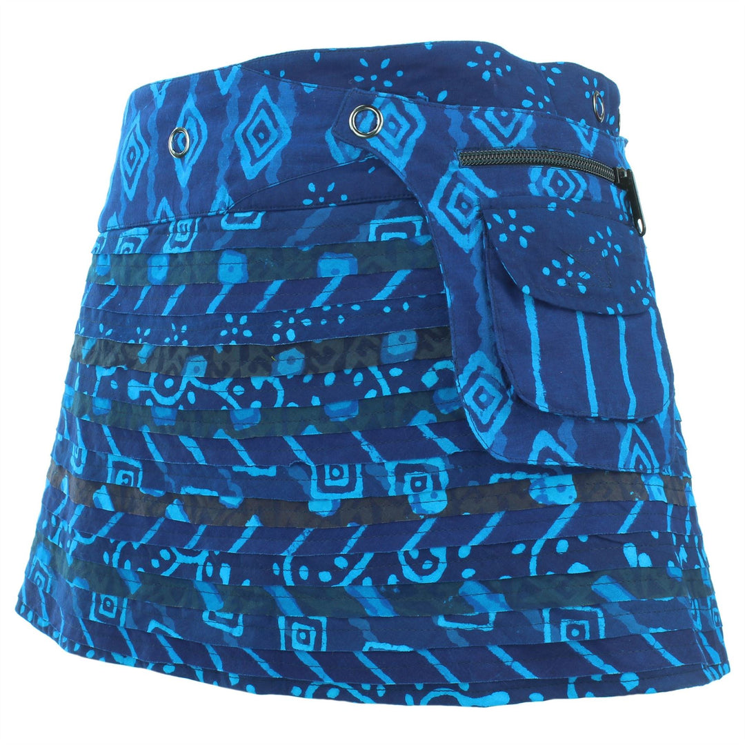 Reversible Popper Wrap Children's Size Mini Skirt - Indigo Patch Strips / Indigo Stripe