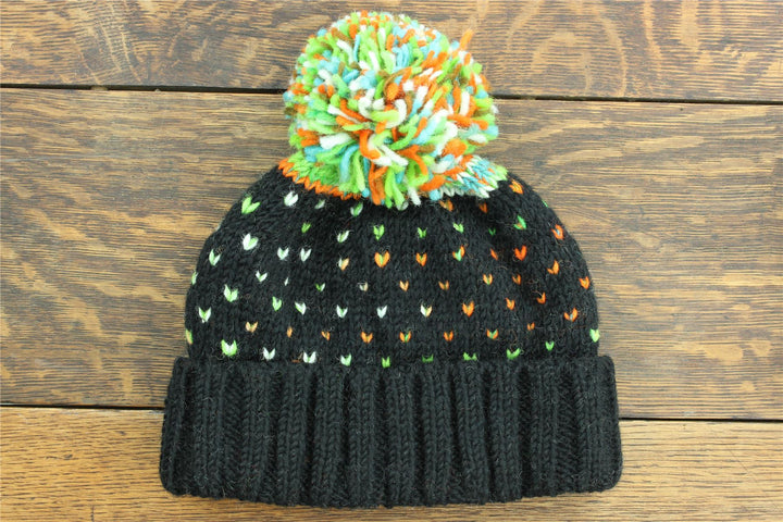 Hand Knitted Wool Beanie Bobble Hat - Tik Tik Black