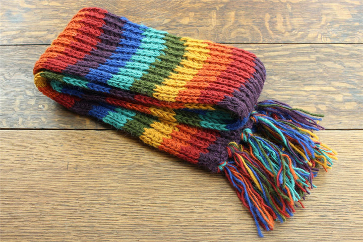 Hand Knitted Wool Scarf - Stripe Dark Rainbow