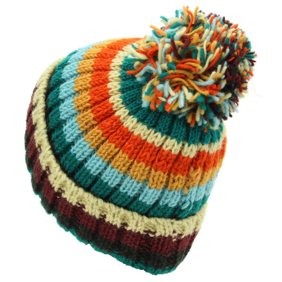 Hand Knitted Wool Beanie Bobble Hat - Stripe Retro D