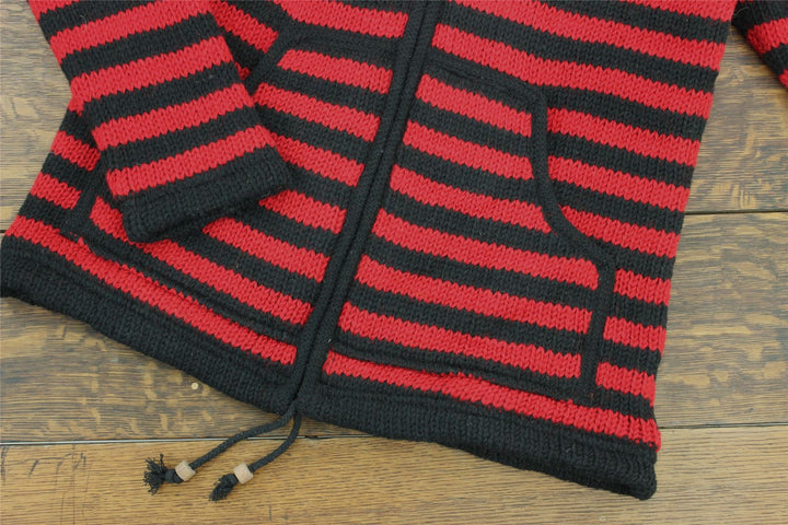 Hand Knitted Wool Hooded Jacket Cardigan - Stripe Red Black