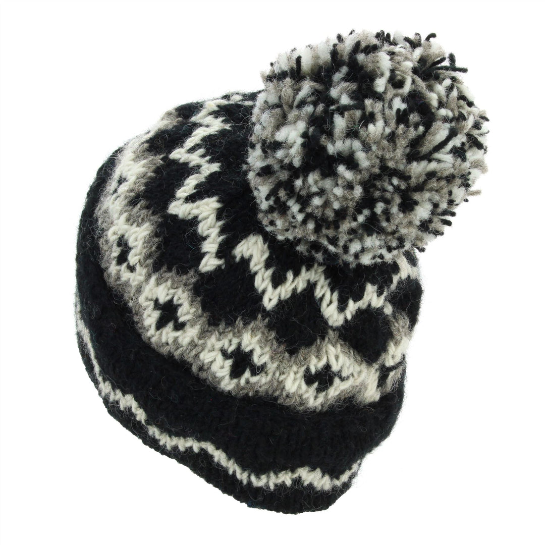 Hand Knitted Wool Beanie Bobble Hat - Fairisle Black