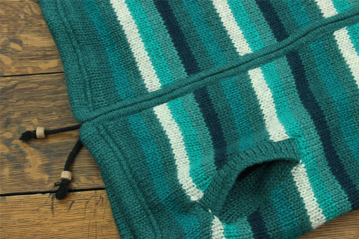 Hand Knitted Wool Hooded Jacket Cardigan - Stripe Teal