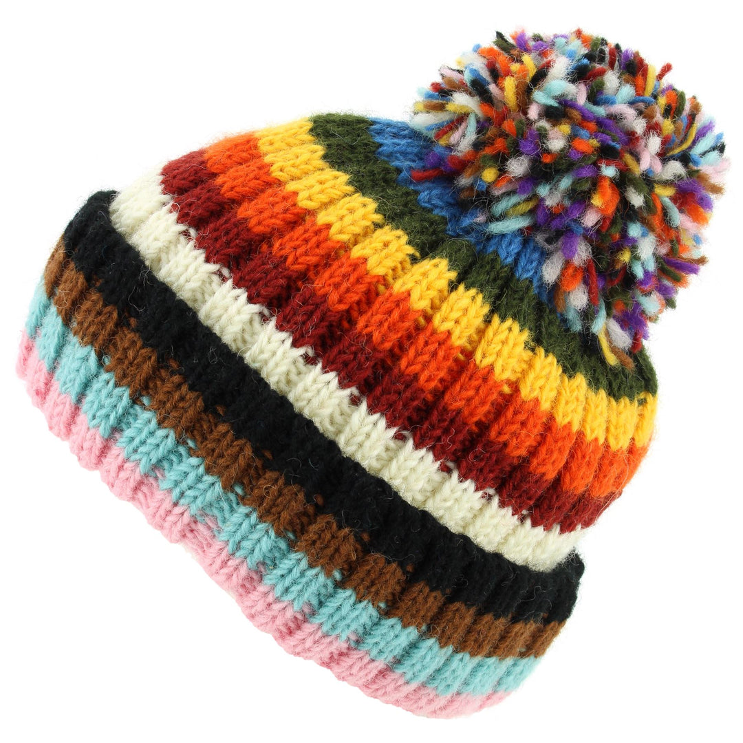 Hand Knitted Wool Beanie Bobble Hat - Stripe Progress Rainbow