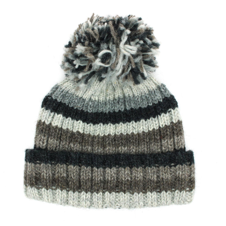 Hand Knitted Wool Beanie Bobble Hat - Stripe Natural