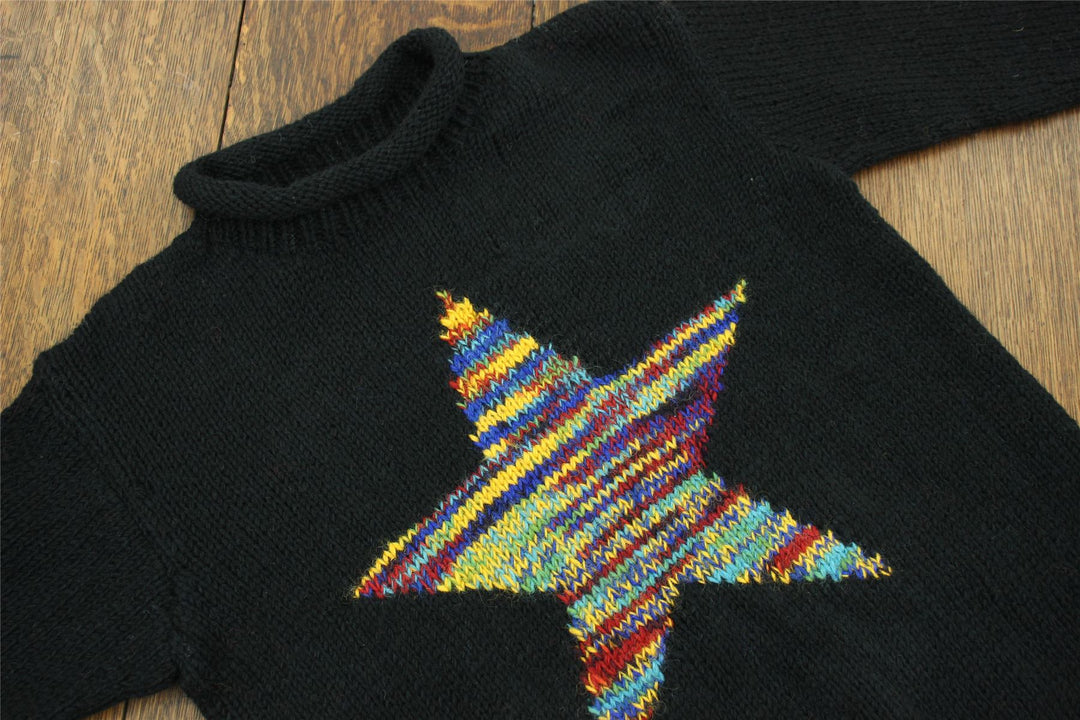 Chunky Wool Knit Star Jumper - Black & Rainbow Space Dye