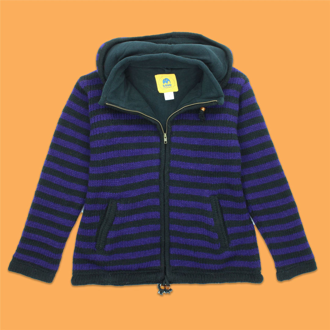 Hand Knitted Wool Hooded Jacket Cardigan Ladies Cut - Stripe Purple Black