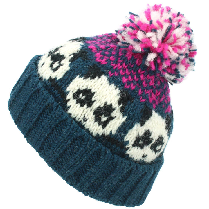 Wool Knit Bobble Beanie Hat - Panda - Teal Pink