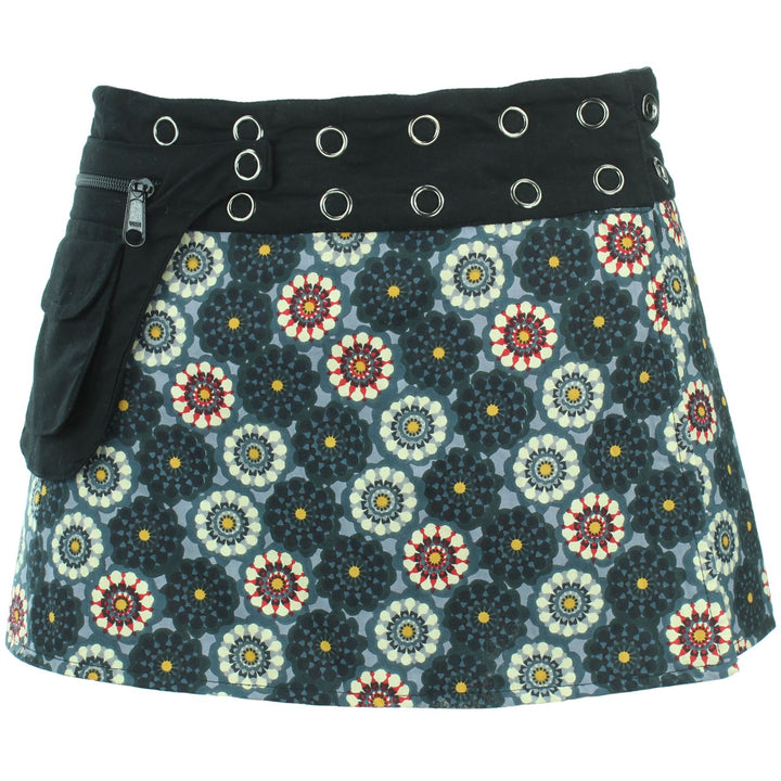 Reversible Popper Wrap Children's Size Mini Skirt - Black Patch Strips / Kaleidoscope