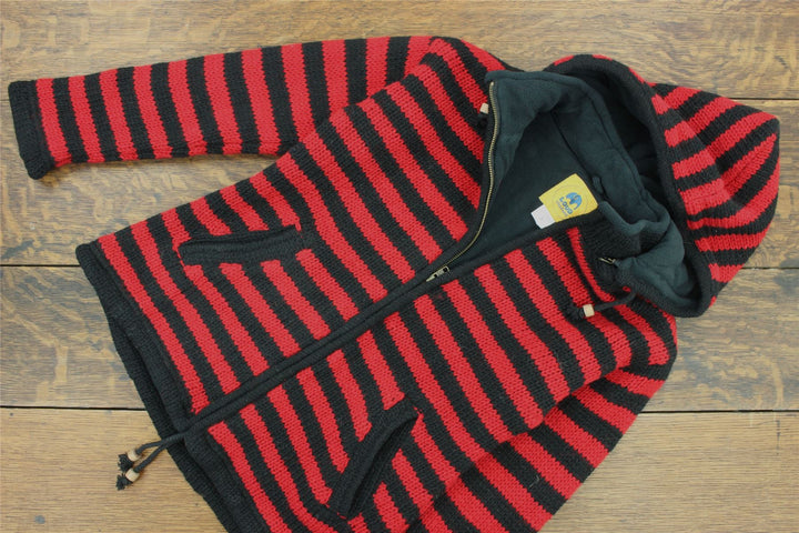 Hand Knitted Wool Hooded Jacket Cardigan Ladies Cut - Stripe Red Black