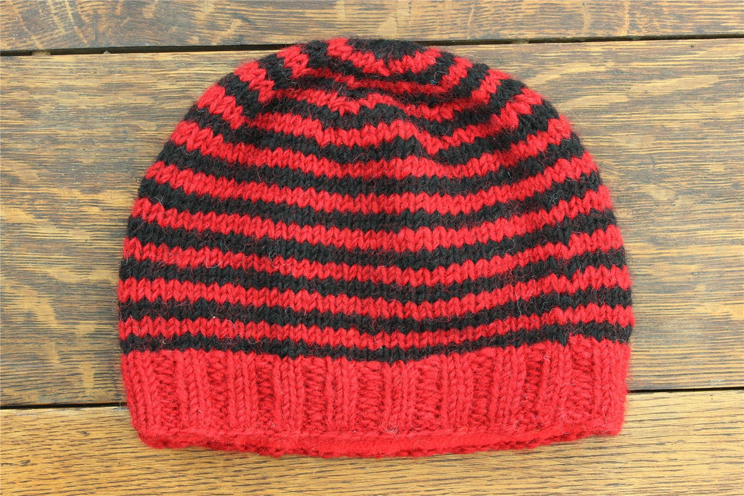 Hand Knitted Wool Beanie Hat - Stripe Red Black